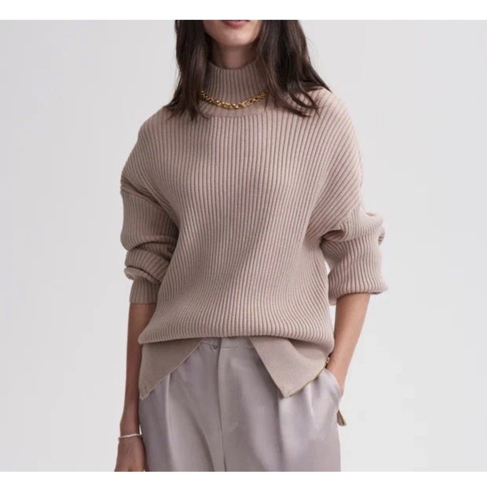 Varley Mayfair Mock Neck Knit Sweater Women M Tan Ribbed Side Zip Athleisure